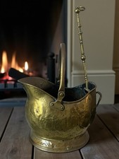 Antique Brass Fireside Helmet Coal Log Scuttle Bucket