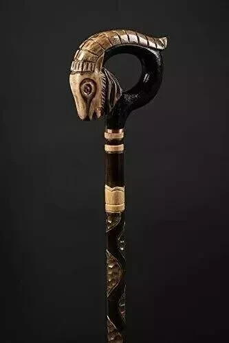 Carved goat wooden cane - carved,