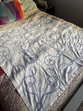 Vintage 1950s Embroidered Cotton Tablecloth - Lovely Blue Floral  - 43” x 45”