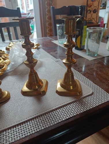 Antique brass candlestick pair - antique,