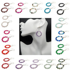 Hoop Earrings Beaded Gemstone Dangle Drop Crystal Boho Handmade Sterling Silver