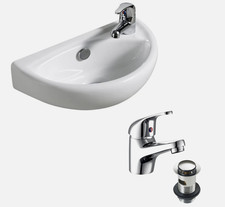 Small Compact Bathroom Cloakroom Basin Sink Wall Hung 395mmx233mm  + Tap+ Waste