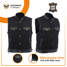 Men SOA Side Lace Biker Vest Leather Trim Black Denim Motorcycle Club Waistcoat