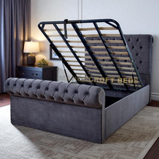 Sleigh Bed Frame Plush Velvet Gas Lift Chesterfield Double & King Size Bed