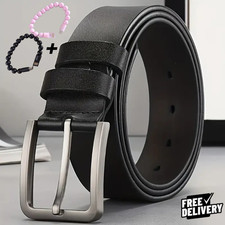 Mens Genuine Leather Belt & Bracelet Cable New Buckle For Trouser Jeans Black UK