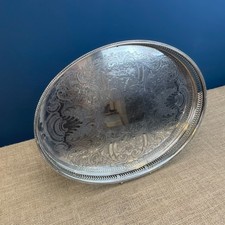 VINTAGE SHEFFIELD SILVER PLATE GALLERIED OVAL FOOTED DRINK COCKTAIL SERVING TRAY