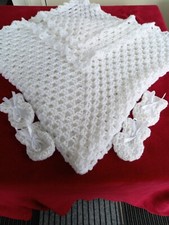 New Handmade White Baby Shawl/Blanket  with 2 Pairs Of Mittens Free 