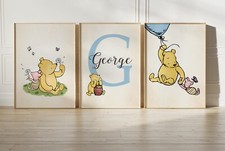 Winnie Pooh Wall Prints Boys Blue Personalised Name Initial Nursery Art Set of 3