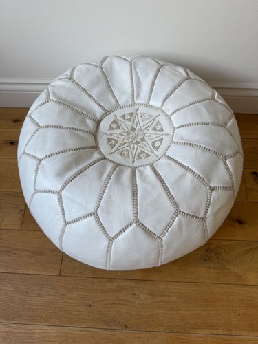 Moroccan white leather pouffe - moroccan,