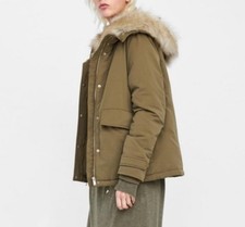 Zara Duck Down Jacket Parka Coat Stunning Khaki Green Faux Fur Trim Size 8 VGC