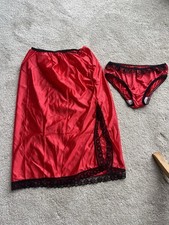 Stunning Vintage Red Silky  Nylon  Lace Half Slip with split and panties 34-38” 