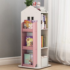 Pink-White Wooden Kids Bookcase Rotatable Bookshelf Storage Rack Large 3 Tier