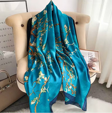 100% SILK SCARF IN BLUE TURQUOISE FLORAL DESIGN WOMEN HER GIFT LARGE 90 X 180CM