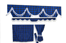 TARTAN TRUCK CURTAINS FULL SET ROYAL BLUE & WHITE TASSELS
