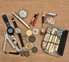 Vintage Junk Drawer Lot WATCHES, COINS, COMPACT, LEATHERMAN, HOPALONG CASSIDY