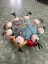 Chinese Blue Silk Vintage Pin Cushion 8 Children Dolls Hand Made 4" Round