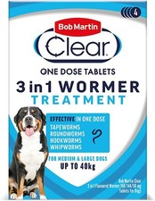 Bob Martin Clear 3in1 Wormer Tablets Sml, Med & Lge Dogs (up to 40kg) 4 Tablets