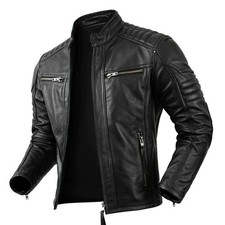 Men's Real Leather Biker Fashion Jacket Quilted Panels Cafe Racer Leather Jacket