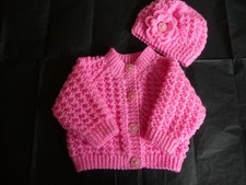 Hand Knitted Baby Cardigan & Hat ~ Girl ~ New Born ~ Pink