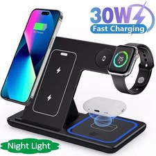 30W LED Fast Wireless Charger Stand 3 in 1 Charging Station For iPhone/Android