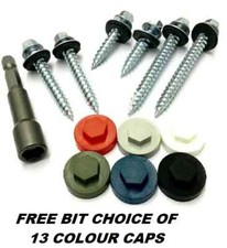 TEK ROOFING SCREWS WITH SEALING WASHER FIX TO TIMBER + COLOUR CAPS & FREE BIT