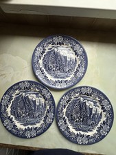3 English Ironstone Tableware Dickens Series Blue + White Vintage Plate 24.5cm
