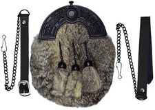 Full Dress Kilt Sporran Grey Rabbit Fur Black Celtic Cantle / Scottish Sporrans