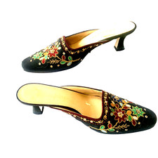 MADELEINE "Cage" Women's 6M Brown Beaded And Embroidered Kitten Heel Mules