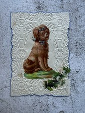 Victorian Embossed Scrap Card Dog, 19th Cent Paper Lace Die-Cut Antique Ephemera