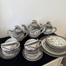 Vintage Japanese Dragon Tea Set with Geisha Lithophane – 22 Pieces – Eggshell