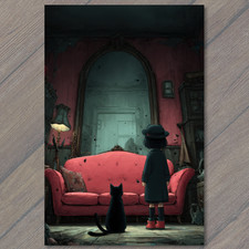 Art Print Black Cat Girl Red