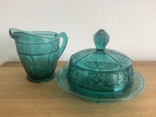 Jeanette Ultramarine 'Doric and Pansy' Butter Dish Depression glass + Creamer