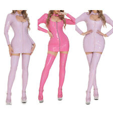 Womens Latex Tight Mini Dress Front Zipper Bodycon Dress Babydoll with Stockings