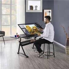 Adjustable Glass Drafting Table with 2 Drawer Art Craft Drawing Board with Stool