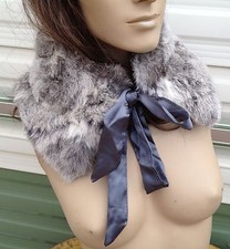 grey white real genuine Chinese rabbit fur pelt collar scarf satin lining
