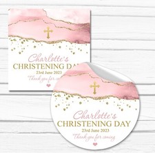 Personalised Christening Stickers Baptism Favours Labels Pink & Gold Agate Cross