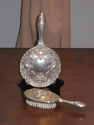Antique silver hand mirror - silver,