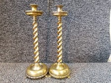 Pair Antique Brass Barley Twist Stem Candlesticks , height 13.25" inches