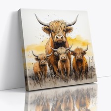 Cute Highland Cow Family Square Canvas Print Picture Gift Modern Wall Art Poster