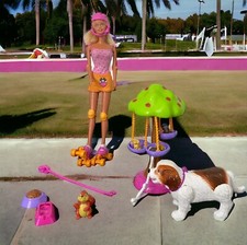 Barbie Puppy Swing Tree Playset & Roller Skating Barbie Doll Walking Dog +3 Pups