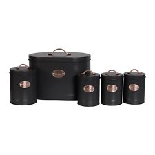 Oval Bread Bin 5pc Set With Biscuit, Tea, Coffee, Sugar Canisters Vintage Black