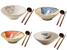 Large Ceramic Japanese Ramen Bowl Set 900ml with Spoons & Chopsticks