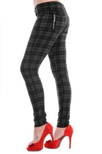 BANNED Apparel Grey Tartan Check Skinny Punk Emo Stretch Rockabilly Trousers 