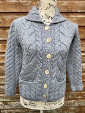 Ladies Wool Aran Cardigan UK 8 XS EU 36 Merino Blue Grey Soft Button Pockets 