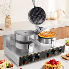 Commercial Waffle Maker Double-Head Machine Round Nonstick Temp & Time Control