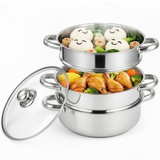 22CM 4PC STEAMER COOKER POT SET PAN COOK FOOD GLASS LIDS 3 TIER STAINLESS STEEL
