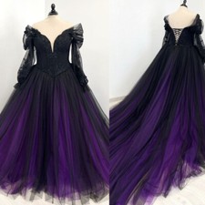 Gothic Black and Purple Wedding Dresses Long Sleeves A Line V Neck Bridal Gowns