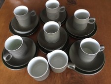 Denby green Camelot Chevron 6 Cups, Saucers, side plates  + sugar bowl, milk jug