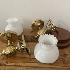 Pair of Brass Wall Sconces with Wooden Fitting and White Glass Shades Electric