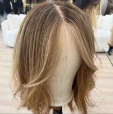 Short Wave Ash Blonde with Tan Brown Highlights 100% Human Hair Lace Front Wigs